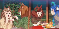 Rule 34 | 4girls, ahoge, animal ears, aqua hair, blush, bow, braid, braided ponytail, brown hair, brown sweater, cake, closed eyes, closed mouth, collared shirt, commentary request, cup, dated, ear covers, ear ornament, elbows on table, feeding, food, glasses, green shirt, grey eyes, hair bow, hair ornament, hairclip, highres, holding, holding spoon, horse ears, ikuno dictus (umamusume), long hair, long sleeves, matikane tannhauser (umamusume), medium hair, multicolored hair, multiple girls, nice nature (umamusume), open mouth, outdoors, pancake, plaid, plaid shirt, plant, plate, round eyewear, shirt, sitting, smile, spoon, streaked hair, sweater, table, takuzui, twin turbo (umamusume), twintails, twitter username, two-tone hair, umamusume, wavy mouth, window