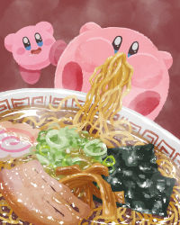 Rule 34 | blue eyes, bowl, cheek bulge, eating, food, food in mouth, highres, kamaboko, kirby, kirby (series), meandros, miclot, narutomaki, nintendo, no humans, noodles, nori (seaweed), open mouth, ramen, red background, saliva, simple background, steam