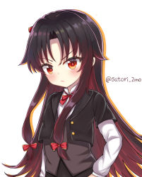 Rule 34 | 10s, 1girl, black jacket, black skirt, blush, bow, brown hair, brown vest, closed eyes, commentary request, gradient hair, hair bow, hand on own hip, jacket, layered sleeves, long hair, long sleeves, looking at viewer, multicolored hair, orange outline, outline, red bow, red eyes, ryuuou no oshigoto!, satori (ymoy), shirt, short over long sleeves, short sleeves, sidelocks, simple background, skirt, solo, twitter username, v-shaped eyebrows, very long hair, vest, white background, white shirt, yashajin ai