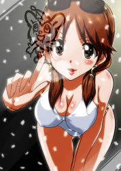 Rule 34 | 10s, 1girl, against glass, bent over, breasts, brown eyes, brown hair, cleavage, eyewear on head, idolmaster, idolmaster cinderella girls, katagiri sanae, long hair, one-piece swimsuit, short twintails, snow, solo, sunglasses, swimsuit, tame meshi, twintails