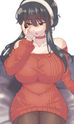 Rule 34 | 1girl, bare shoulders, black hair, blush, choker, collar, collarbone, covered navel, earrings, hair between eyes, hairband, hand on own face, highres, jewelry, long hair, off-shoulder sweater, off shoulder, red choker, red collar, red eyes, simple background, single earring, solo, spy x family, sweatdrop, sweater, wakura (gcdan), white background, white hairband, yor briar