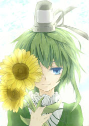 Rule 34 | 1girl, absurdres, close-up, covering privates, covering one eye, female focus, flower, green eyes, green hair, hat, highres, matching hair/eyes, red eyes, short hair, smile, soga no tojiko, solo, sunflower, tate eboshi, touhou, yekong