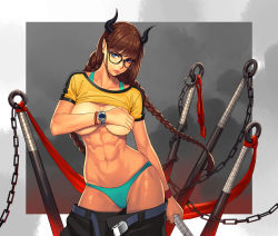 Rule 34 | 1girl, abs, aqua bra, aqua panties, arm at side, belt, black pants, blue eyes, bra, bra lift, braid, breast hold, breasts, breasts apart, brown hair, chain, closed mouth, clothes lift, clothes pull, club (weapon), collarbone, commentary request, contrapposto, covering breasts, covering privates, cowboy shot, female focus, glasses, grey background, groin, hair ornament, hair tie, halterneck, highres, holding, holding weapon, horns, large breasts, lips, long hair, looking at viewer, muscular, muscular female, navel, ogami, oni, open belt, original, outside border, panties, pants, pants pull, pointy ears, red ribbon, ribbon, sarashi, shade, shiny skin, shirt, shirt lift, short sleeves, solo, sports bikini, sports bra, sports bra lift, standing, stomach, t-shirt, tan, toned, twin braids, twintails, unbuckled, unbuttoned, underwear, unworn hair ornament, unzipped, watch, weapon, wristband, wristwatch