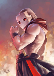 Rule 34 | 1boy, absurdres, brown hair, clenched hand, cowboy shot, fiery background, fire, from side, glowing, glowing eyes, highres, male focus, mask, muscular, original, red eyes, rekaerb maerd, scarf, signature, solo, sword, topless male, weapon, wristband