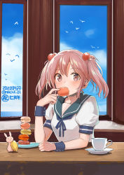 Rule 34 | 1girl, anniversary, blue sailor collar, blush, cloud, cloudy sky, commentary, cup, dated, day, eating, food, hair between eyes, hair bobbles, hair ornament, holding, holding food, kantai collection, looking at viewer, macaron, nacht (nacht 01), pink eyes, pink hair, sailor collar, sazanami (kancolle), school uniform, serafuku, short hair, short sleeves, sky, solo, twintails, twitter username, window