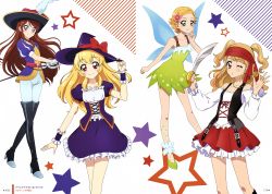 Rule 34 | 4girls, absurdres, aikatsu!, aikatsu! (series), bandana, black footwear, black hat, blonde hair, blue wings, boots, bow, braid, brown hair, butterfly wings, collarbone, corset, dress, feathers, floating hair, flower, frilled skirt, frills, green eyes, grey dress, hair flower, hair ornament, hat, hat bow, hat feather, high heel boots, high heels, highres, holding, holding sword, holding weapon, hoshimiya ichigo, index finger raised, insect wings, layered skirt, long hair, long sleeves, looking at viewer, miniskirt, multiple girls, natsuki subaru, off-shoulder shirt, off shoulder, official art, one eye closed, page number, pants, pirate costume, pleated skirt, print dress, purple eyes, purple hat, purple skirt, rapier, red bandana, red bow, red eyes, red flower, red ribbon, red skirt, ribbon, saber (weapon), shibuki ran, shinjo hinaki, shirt, shoes, short dress, short hair, short sleeves, single braid, skirt, sleeveless, sleeveless dress, smile, standing, star (symbol), sword, thigh boots, thighhighs, twintails, very long hair, weapon, white background, white feathers, white pants, white shirt, wings, witch, witch hat, wrist cuffs