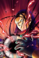 Rule 34 | 1boy, android, android 17, bandana, black hair, blue eyes, card, dragon ball, dragon ball gt, electricity, energy ball, evil, evil grin, evil smile, gloves, grin, hair slicked back, hell fighter 17, lightning, long hair, male focus, maxiuchiha22, neckerchief, no eyebrows, orb, portrait, red background, red lightning, robot, simple background, smile, solo, super android 17, third-party source, vest