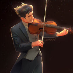 Rule 34 | 1boy, ace attorney, alternate costume, backlighting, black hair, blue eyes, blue suit, blue vest, buttons, collared shirt, cowboy shot, dark background, formal, holding instrument, holding violin, instrument, jewelry, light smile, long sleeves, looking at another, male focus, music, phoenix wright, playing instrument, ring, shirt, short hair, signature, simple background, smile, solo, spiked hair, suit, tailcoat, tuxedo, vest, violin, waytooemily, white shirt