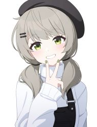 Rule 34 | 1girl, black hat, clenched teeth, gengojisu, green eyes, green nails, grey hair, hand up, hat, highres, long sleeves, looking at viewer, low twintails, nail polish, overalls, smile, solo, sweater, teeth, turtleneck, turtleneck sweater, twintails, upper body, v, viichan, virtual youtuber, waktaverse, white sweater