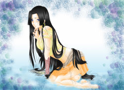 Rule 34 | 1girl, absurdres, barefoot, black hair, blue eyes, blue theme, boa hancock, breasts, cleavage, earrings, female focus, gloves, highres, jewelry, long hair, navel, one piece, shirt, skirt, solo, water, yellow shirt