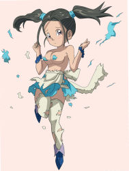 Rule 34 | apron, black hair, blue dragon, blue skirt, blush, bouquet (blue dragon), nude filter, skirt, third-party edit, torn clothes, twintails