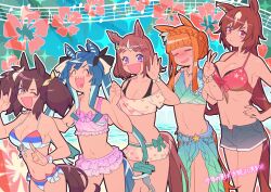 Rule 34 | 5girls, = =, absurdres, alternate hairstyle, animal ears, bikini, blue hair, blush, breasts, brown hair, cleavage, closed eyes, closed mouth, collarbone, commentary request, flower, fox shadow puppet, hair between eyes, hair ornament, hibiscus, highres, horse ears, horse girl, horse tail, inari one (umamusume), jewelry, large breasts, looking at viewer, medium breasts, medium hair, multiple girls, necklace, ocean, official alternate costume, official alternate hairstyle, open mouth, orange hair, ponytail, purple eyes, sharp teeth, shorts, silence suzuka (emerald on the waves) (umamusume), silence suzuka (umamusume), sirius symboli (umamusume), small breasts, sweat, swimsuit, tail, teeth, tsubaki09, tsurumaru tsuyoshi (umamusume), twin turbo (umamusume), umamusume, v