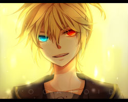Rule 34 | &gt;:), 1boy, blonde hair, blue eyes, heterochromia, kagamine len, letterboxed, male focus, mukkun, multicolored eyes, open mouth, portrait, red eyes, short ponytail, solo, v-shaped eyebrows, vocaloid
