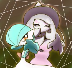 Rule 34 | 2girls, alternate color, arm up, black sclera, blue hair, blue skin, bob cut, closed mouth, colored sclera, colored skin, creatures (company), dot mouth, female focus, flat chest, game freak, gardevoir, gen 3 pokemon, gen 8 pokemon, grey hair, grey headwear, hair over one eye, hat, hatterene, highres, long hair, looking at another, looking at viewer, multicolored hair, multicolored skin, multiple girls, nintendo, one eye covered, orange eyes, orange outline, outstretched arm, pink hair, pokemon, pokemon (creature), prehensile hair, reaching, reaching towards viewer, shiny pokemon, short hair, sidelocks, standing, two-tone hair, two-tone skin, upper body, very long hair, white eyes, white skin, witch hat, yuri (fl0werspace)