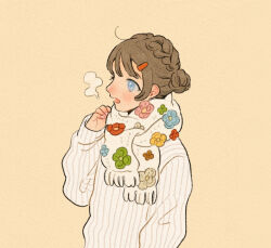 Rule 34 | 1girl, arm at side, blue eyes, blue flower, braid, breath, commentary, flower, french braid, fukujumaru, green flower, grey flower, grey hair, hair bun, hair ornament, hairclip, hand up, highres, knit scarf, long sleeves, looking ahead, looking at viewer, nail polish, open mouth, original, pink nails, profile, red flower, ribbed sweater, scarf, simple background, single side bun, solo, sweater, updo, upper body, white scarf, white sweater, yellow flower