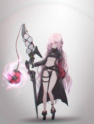 Rule 34 | 1girl, absurdres, belt, bikini, black bikini, blush, boots, breasts, full body, highres, holding, holding weapon, long hair, looking at viewer, navel, oota youjo, original, pink eyes, pink hair, small breasts, solo, swimsuit, weapon