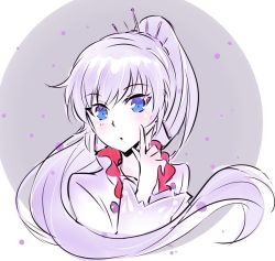 Rule 34 | 1girl, blue eyes, hair ornament, iesupa, jacket, pointing, pointing at self, ponytail, rwby, solo, weiss schnee, white hair