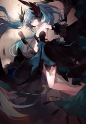 Rule 34 | 1girl, absurdres, black dress, blue bow, blue eyes, blue hair, bow, breasts, cleavage, collarbone, detached sleeves, dress, floating hair, hair ornament, hatsune miku, highres, long hair, looking at viewer, microphone, microphone stand, nevakuma (fanfanas), sleeveless, sleeveless dress, small breasts, solo, strapless, strapless dress, twintails, very long hair, vocaloid