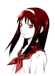 Rule 34 | 00s, 1girl, autumn leaves, expressionless, hairband, leaf, long hair, looking at viewer, lowres, neckerchief, red eyes, red hair, red ribbon, ribbon, sailor collar, school uniform, shirt, sidelocks, simple background, solo, tohno akiha, tsukihime, upper body, white background, white shirt