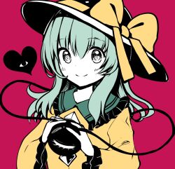 Rule 34 | 1girl, black hat, bow, closed mouth, green eyes, green hair, hat, hat bow, heart, highres, komeiji koishi, looking at viewer, medium hair, red background, rpameri, simple background, smile, solo, third eye, touhou, upper body, yellow bow