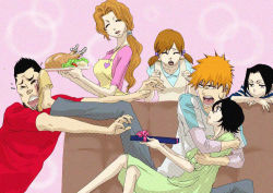 Rule 34 | 2boys, 4girls, apron, black hair, bleach, blush, breasts, brother and sister, brown hair, carrying, closed eyes, dress, facial hair, family, father and daughter, father and son, food, gift, green dress, hair between eyes, hair bobbles, hair ornament, holding, hug, kicking, kuchiki rukia, kurosaki ichigo, kurosaki isshin, kurosaki karin, kurosaki masaki, kurosaki yuzu, long hair, micmic, mother and daughter, mother and son, multiple boys, multiple girls, necomata-gi, necomata-gi (micmic), open mouth, orange hair, plate, ponytail, short hair, short twintails, siblings, sisters, slippers, smile, tears, time paradox, turkey (bird), twins, twintails, wavy hair
