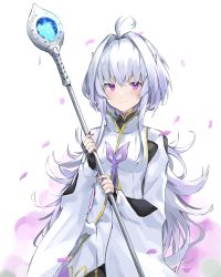 Rule 34 | 1girl, absurdres, ahoge, black gloves, commentary, fate/prototype, fate (series), fingerless gloves, gloves, highres, long hair, long sleeves, looking at viewer, merlin (fate/prototype), merlin (fate/prototype) (second ascension), petals, purple eyes, ryou (ponpgo), simple background, smile, staff, upper body, white background, white hair