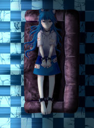 Rule 34 | 1girl, 367gou, bad id, bad pixiv id, bangle, barefoot, bdsm, blue bow, blue eyes, blue hair, blue skirt, bondage, bound, bound ankles, bound wrists, bow, bracelet, buckle, collar, commentary request, couch, crack, cracked floor, cuffs, debt, expressionless, feet, from above, full body, hair bow, handcuffs, highres, hood, hoodie, jewelry, light, long hair, looking up, lying, on back, restrained, shackles, shadow, skirt, solo, tile floor, tiles, toenails, toes, touhou, yorigami shion