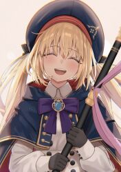 Rule 34 | 1girl, artoria caster (fate), artoria pendragon (fate), black gloves, blonde hair, blue cape, blue cloak, blush, bomberca309, bow, cape, capelet, cloak, dress, fate/grand order, fate (series), gloves, hat, holding, holding staff, hood, hooded cape, long hair, long sleeves, looking at viewer, multicolored cape, multicolored capelet, multicolored clothes, open mouth, smile, solo, staff, twintails