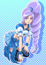 Rule 34 | 00s, 1girl, aono miki, black thighhighs, blue footwear, blue skirt, boots, bow, choker, crop top, cure berry, dress, eyelashes, fresh precure!, full body, hair ornament, hairband, heart, heart hair ornament, knee boots, kneeling, long hair, magical girl, midriff, muhi11234, polka dot, polka dot background, precure, purple eyes, purple hair, ribbon, side ponytail, skirt, smile, solo, thighhighs, thighhighs under boots, wrist cuffs