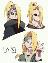 Rule 34 | 3boys, beige background, black sclera, blonde hair, closed mouth, collarbone, colored sclera, deidara (naruto), extra mouth, fishnets, hair over one eye, headband, highres, lauliu, male focus, medium hair, multiple boys, multiple views, naruto (series), naruto shippuuden, open mouth, parted lips, ponytail, scratches, simple background, smile, teeth, tongue, tongue out