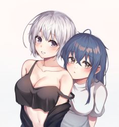 Rule 34 | 2girls, a.l (dpdldpf), absurdres, bad id, bad pixiv id, black sweater, blue hair, breasts, cleavage, grey background, hair behind ear, hair between eyes, highres, large breasts, leaning on person, looking at viewer, medium breasts, multiple girls, navel, off shoulder, open mouth, original, purple eyes, shirt, silver hair, smile, sweater, tank top, white shirt