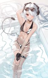 Rule 34 | 1girl, arm up, armpits, bare shoulders, bathing, bathtub, bekotarou, bell, bikini, black-framed eyewear, black bikini, black choker, black gloves, blue archive, bow, breasts, choker, closed mouth, dark skin, demon tail, eyewear on head, glint, gloves, hair bow, hair over one eye, hand on own knee, highres, iori (blue archive), iori (swimsuit) (blue archive), long hair, looking at viewer, medium breasts, multi-strapped bikini bottom, navel, pointy ears, red eyes, smile, solo, stomach, string bikini, sunglasses, swimsuit, tail, thigh strap, thighs, twintails, very long hair, water, wet, white hair