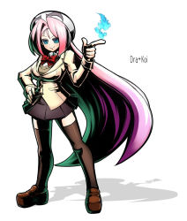 Rule 34 | 1girl, blazer, blue eyes, blue fire, bow, bowtie, breasts, dra+koi, finger gun, fire, hand on own hip, hat, heroine (dra+koi), impossible clothes, large breasts, loafers, long hair, piko (osso), pink hair, pleated skirt, shoes, skirt, slit pupils, smile, solo, thighhighs, v-neck, very long hair
