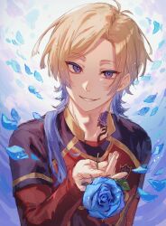 Rule 34 | 1boy, blonde hair, blue background, blue eyes, blue flower, blue hair, blue lock, blue rose, collared shirt, commentary, flower, highres, holding, holding flower, kshima mo369, long hair, long sleeves, looking at viewer, male focus, michael kaiser, multicolored hair, red shirt, rose, shirt, sketch, soccer uniform, solo, sportswear, two-tone hair, upper body