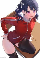 Rule 34 | 1girl, :d, arm support, black hair, black thighhighs, blue buruma, blush, buruma, chair, commentary request, desk, fang, feet out of frame, fukumaru koito, highres, idolmaster, idolmaster shiny colors, jacket, kuri choko, long hair, long sleeves, looking at viewer, on desk, open mouth, purple eyes, red jacket, school chair, school desk, simple background, sleeves past wrists, smile, solo, sweat, thighhighs, thighs, track jacket, twintails, white background