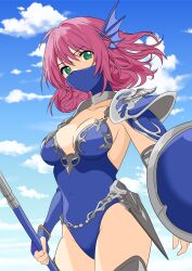 Rule 34 | 1girl, armor, armored leotard, blue leotard, blue mask, breasts, dragoon (final fantasy), final fantasy, final fantasy v, green eyes, highres, holding, holding polearm, holding shield, holding weapon, lenna charlotte tycoon, leotard, mask, medium breasts, mouth mask, official alternate costume, pink hair, polearm, shield, short hair, shoulder armor, solo, spear, thighhighs, three quarter view, weapon, winged hair ornament, yuuyuu (3jjbn)