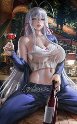 Rule 34 | 1girl, antenna hair, artist name, bottle, breasts, cleavage, collarbone, cup, drinking glass, formal, high school dxd, indoors, large breasts, lexaiduer, lips, long hair, looking at viewer, pale skin, plant, rossweisse, silver hair, sitting, solo, spread legs, suit, wine bottle, wine glass