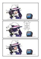 Rule 34 | 1girl, 3koma, ?, animal ears, asymmetrical legwear, blush, braid, cat ears, check translation, cheek press, comic, commentary, commission, crying, crying with eyes open, ears through headwear, gloves, graphics card, hat, highres, hugging object, indie virtual youtuber, inflation, jacket, mai noboshi, mismatched legwear, motion lines, news, oversized object, purple eyes, purple footwear, purple hair, purple thighhighs, ranguage, second-party source, sesield, sitting, spanish commentary, speech bubble, streaming tears, tears, television, thighhighs, translation request, turning head, virtual youtuber, wariza, wavy mouth, white gloves, white headwear, white jacket, white thighhighs, witch, witch hat