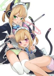 Rule 34 | 2girls, absurdres, animal ear headphones, animal ears, apron, ass, aviary, black dress, blonde hair, blue archive, blush, cat tail, dress, fake animal ears, frilled apron, frilled dress, frills, green eyes, headphones, highres, long sleeves, maid, maid apron, maid headdress, midori (blue archive), midori (maid) (blue archive), momoi (blue archive), momoi (maid) (blue archive), multiple girls, open mouth, panties, red eyes, short hair, siblings, simple background, sisters, striped clothes, striped panties, tail, thighhighs, twins, underwear, v, white apron, white background, white thighhighs