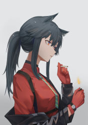 Rule 34 | 1girl, absurdres, animal ears, arknights, black hair, black jacket, cigarette, earrings, fire, from side, gradient background, green necktie, grey background, highres, holding, holding cigarette, jacket, jewelry, lighter, long hair, long sleeves, necktie, off shoulder, official alternate costume, open clothes, open jacket, parted lips, ponytail, red eyes, red shirt, senkane, shirt, sidelocks, solo, striped necktie, striped neckwear, suspenders, texas (arknights), texas (willpower) (arknights), watch, wolf ears, wolf girl, wristwatch