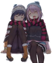 Rule 34 | 2girls, blue hair, boots, closed eyes, drooling, fur trim, hat, leaning on person, legs up, multiple girls, open mouth, pantyhose, pink hair, reinama, scarf, shared clothes, shared scarf, sitting, sleeping, striped clothes, striped scarf, white background, yurucamp