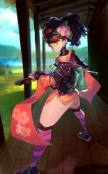 Rule 34 | 1girl, armor, ass, bad id, bad twitter id, black hair, brown eyes, comb, commentary, english commentary, flower, hair flower, hair ornament, hand on hilt, japanese armor, japanese clothes, katana, kimono, kote, kurokote, leaf, leaf on head, looking back, momohime, oboro muramasa, optionaltypo, over-kneehighs, pink thighhighs, sandals, scabbard, sheath, sheathed, short kimono, shoulder armor, sode, solo, standing, striped clothes, striped thighhighs, sword, tabi, thighhighs, thighs, twisted torso, updo, vanillaware, weapon