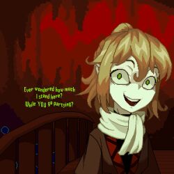 Rule 34 | 1girl, black shirt, blonde hair, bridge, brown shirt, cave interior, commentary, constricted pupils, english commentary, english text, eyeliner, false smile, green eyeliner, green eyes, hair between eyes, half updo, highres, looking at viewer, makeup, medium bangs, mizuhashi parsee, open mouth, pixel art, pointy ears, red background, scarf, shirt, short hair, smile, solo, stalactite, stalagmite, touhou, undershirt, upper body, vexkaf, white scarf