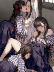 Rule 34 | 4girls, arms up, between legs, black hair, blue kimono, blue skirt, blush, bow, braid, breasts, closed eyes, closed mouth, commentary request, french kiss, grabbing, grabbing another&#039;s breast, grey eyes, hair bow, hakama, hakama skirt, half updo, highres, indoors, japanese clothes, kimono, kiss, long hair, medium breasts, multiple girls, off shoulder, original, pleated skirt, red bow, skirt, takekawa shin, twin braids, yuri