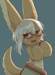Rule 34 | 1other, alternate hair length, alternate hairstyle, ambiguous gender, animal ears, bad id, bad twitter id, blue background, brown eyes, furry, glasses, highres, kawasemi27, looking away, made in abyss, nanachi (made in abyss), nervous, parted lips, red-framed eyewear, semi-rimless eyewear, short hair, simple background, tail, under-rim eyewear, upper body, white hair