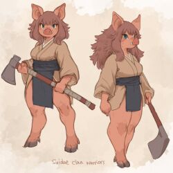 Rule 34 | 1girl, animal legs, arms at sides, axe, bare legs, blue eyes, breasts, brown hair, commentary, english commentary, fangs, fangs out, furry, furry female, grey background, highres, holding, holding axe, japanese clothes, kimono, long hair, looking ahead, looking at viewer, medium breasts, multiple views, obi, original, pelvic curtain, pig girl, sash, short kimono, sidelocks, tateoftot