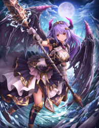 Rule 34 | 1girl, armor, bad id, bad pixiv id, black legwear, breasts, cleavage, elbow gloves, full body, full moon, gloves, hair ornament, hairclip, highres, holding, holding polearm, holding spear, holding weapon, horns, large breasts, leaning forward, long hair, looking at viewer, lunacle, medium breasts, moon, night, night sky, original, pleated skirt, polearm, purple hair, red eyes, skirt, sky, spear, standing, weapon, white gloves, wings