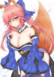 Rule 34 | 1girl, :3, animal ear fluff, animal ears, bare shoulders, blue bow, blue kimono, blue thighhighs, blush, bow, breasts, cleavage, closed mouth, collarbone, commentary, cowboy shot, detached collar, detached sleeves, eyelashes, fang, fang out, fate/extra, fate (series), fox ears, fox girl, fox tail, hair between eyes, hair bow, highres, japanese clothes, kimono, large breasts, long hair, long sleeves, looking at viewer, obi, pink hair, ryakusun, sash, sidelocks, simple background, smile, solo, split ponytail, standing, tail, tamamo (fate), tamamo no mae (fate/extra), thighhighs, white background, yellow eyes
