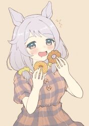 Rule 34 | 1girl, alternate costume, alternate hairstyle, animal ears, blush, breasts, brown background, brown eyes, buttons, casual, food, grey hair, highres, hishi miracle (umamusume), holding, holding food, horse ears, horse girl, looking at viewer, medium breasts, nenbutsu 0416, open mouth, scrunchie, simple background, solo, sweat, umamusume