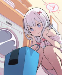 Rule 34 | 10s, 1girl, adrenaline!!!, amejaga, bag, blue eyes, blush, bottomless, bow, closed mouth, eromanga sensei, from below, hair bow, hands on own cheeks, hands on own face, highres, indoors, izumi sagiri, knees together feet apart, long hair, looking down, naked shirt, nervous, off shoulder, pink bow, shelf, shirt, silver hair, solo, squatting, t-shirt, thought bubble, washing machine, wavy mouth